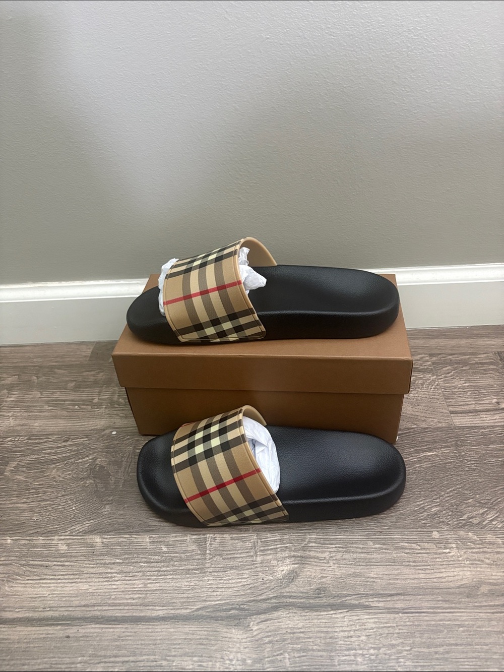 Tan Plaid Slide Sandals with Black Footbed